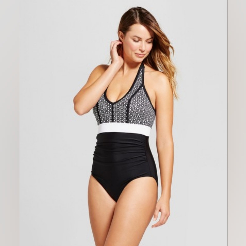 Merona Women's NWOT Black Colorblock Pique Halter Tie One Piece Swimsuit Sz Med